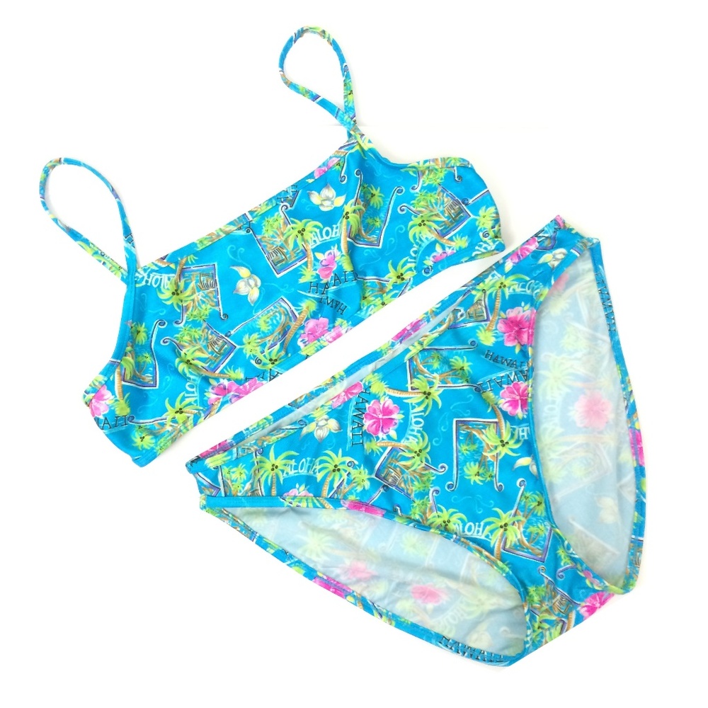 Vintage Postcard 80s 90s Travel Bikini Pink & Blue Set, High Waist Pin Up